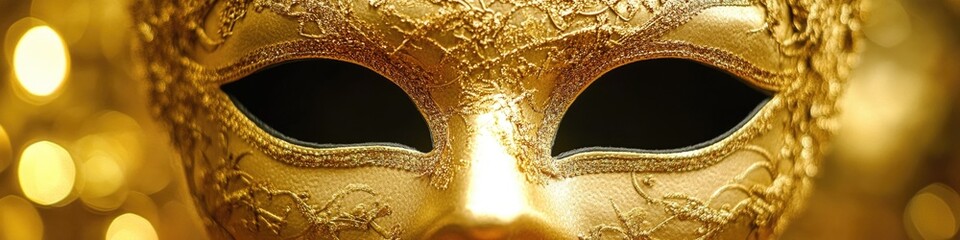 Aufkleber - A close-up view of a shiny gold mask lying on a table