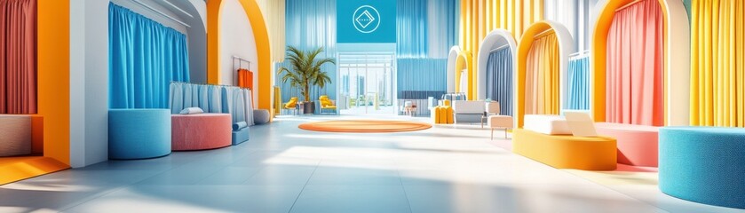 Poster - A vibrant, modern interior featuring colorful arches and comfortable seating, creating an inviting and stylish atmosphere.