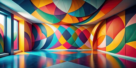 Poster - Abstract Colorful Room Interior Design with Geometric Wall Panels and Shiny Floor