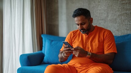 Aufkleber - A person relaxing on a sofa, focused on their smartphone