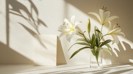 Wall Mural - White lilies in glass vase with blank card and sunlight shadows on beige background.