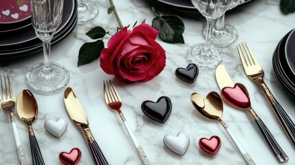 Poster - A beautifully set table with fine silverware, glassware, and a single red rose as centerpiece