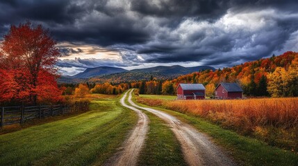 Wall Mural - Open rural field with a dirt road under dramatic autumn skies