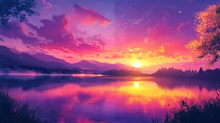 Wall Mural - Panorama of a vibrant sunrise over a peaceful lake.