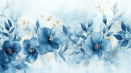 Poster - Ethereal Blossom Array, Indigo Flowers with Glimmering Gold Accents