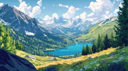 Wall Mural - Panoramic mountain landscape with alpine lakes and lush valleys