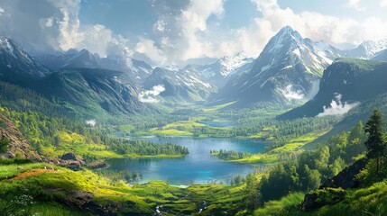 Wall Mural - Panoramic mountain landscape with alpine lakes and lush valleys