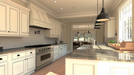 Wall Mural - Sunlit kitchen with granite countertops, white cabinets, and stainless steel appliances.