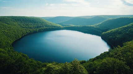 Wall Mural - Panoramic view of a large lake surrounded by lush green hills