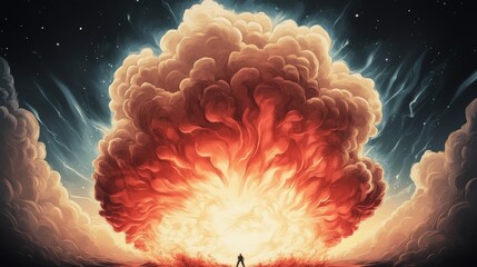 Poster - A lone figure stands before a massive, fiery explosion in a dramatic, cosmic setting.  The intense orange and red hues contrast against the dark night sky.