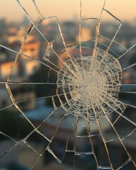 Wall Mural - Close-up of a shattered window pane with a city blurred in the background at sunset.