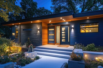 Poster - A modern single-family home with a welcoming front porch and steps leading up to the entrance