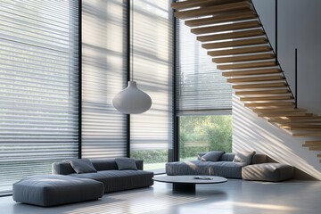 Modern living room with large windows, grey sofa, wooden staircase, and pendant lamp.