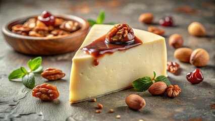 Poster - A delectable slice of creamy cheese, drizzled with a rich sauce, adorned with candied nuts and fresh mint, alongside a bowl of assorted nuts and candied cherries.