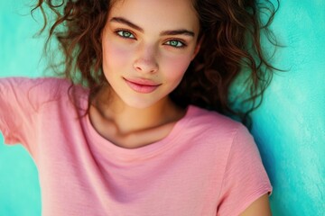 Poster - A beautiful young woman with green eyes leaning against a blue wall