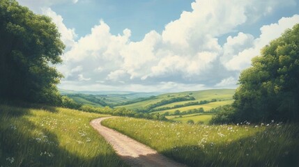 Wall Mural - Path through rolling meadows under a bright open sky