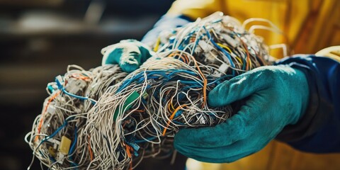 Poster - A person in a yellow safety vest is seen holding a bundle of wires, possibly for electrical work