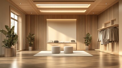 Poster - A spacious, modern interior featuring wooden accents, soft lighting, and minimalistic decor, creating a warm and inviting atmosphere.