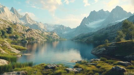 Wall Mural - Peaceful landscape at a serene mountain lake surrounded by peaks