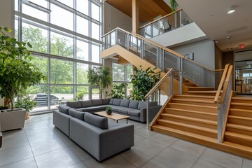 Poster - Modern building interior with large windows, wooden staircase, and comfortable seating area with plants.