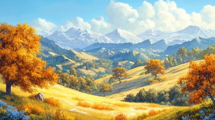 Wall Mural - Peaceful mountain scenery with autumnal colors and rolling hills