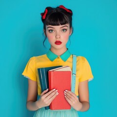 Aufkleber - A woman holds a book in front of her face, hiding from view