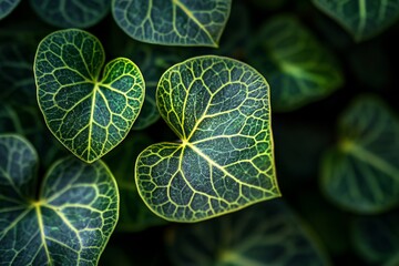 Wall Mural - Close-up of heart-shaped green leaves with intricate vein patterns, illuminated by sunlight.