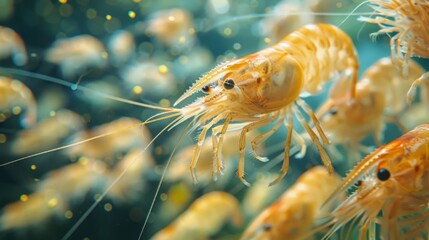 Aufkleber - Numerous small orange shrimp glide gracefully through clear water, creating a lively scene within a colorful underwater ecosystem during a sunny day.