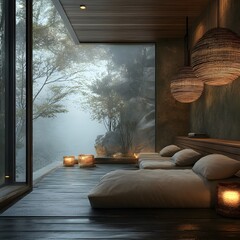 Poster - a room with a bed, pillows, and lamps lit by candles