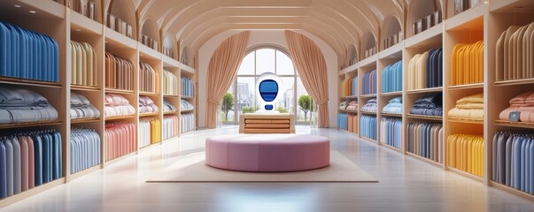 Poster - A modern, spacious interior displaying neatly arranged colorful textiles on shelves with a central circular platform and large arched window.