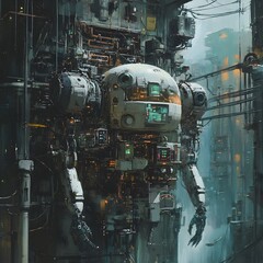 Poster - a futuristic robot is standing in a city with a bunch of wires