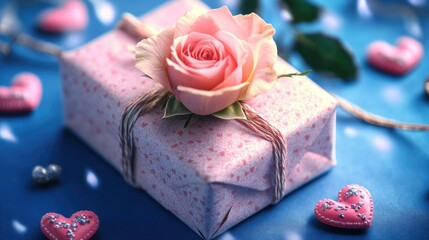 Poster - A beautiful pink rose sitting on top of a pink gift box