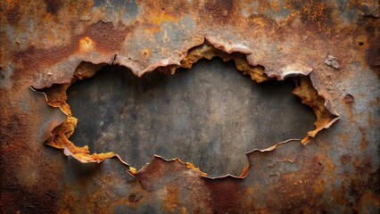 Poster - Rustic Metal Texture with a Large, Irregularly Shaped Hole, Showing Extensive Corrosion and Patina