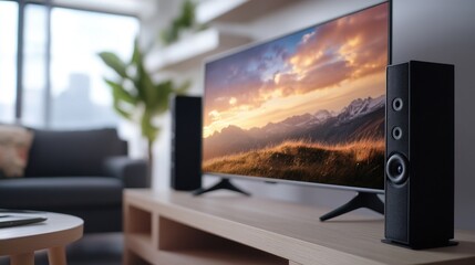 Poster - A flat screen TV sits atop a wooden table, ready for use