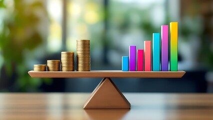 Wall Mural - seesaw with coin piles and analytics data: financial balance in business