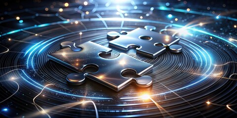 Aufkleber - Metallic Puzzle Pieces Interconnected on a Futuristic Surface