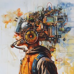 Poster - a painting of a man with a headset and a bunch of electronics