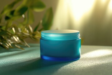 Poster - A blue jar of cream sits on a table next to a potted plant