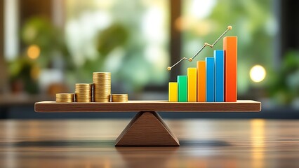 Wall Mural - seesaw with coin piles and analytics data: financial balance in business