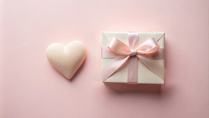Poster - A delicate off-white gift box with a blush pink ribbon and a lovely heart shape ornament on a soft pink background