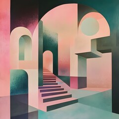 Leinwandbilder - a painting of a stairway with a pink and blue background