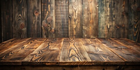 Poster - Rustic Wooden Tabletop Against a Background of Weathered Planks, Ideal for Product Displays or Mockups