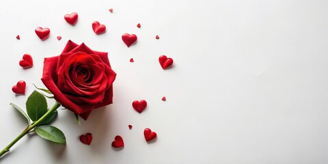 Aufkleber - Romantic red rose and scattered hearts on a white background perfect for Valentine's Day or anniversary celebrations