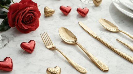 Poster - A romantic table setting with a red rose, silverware, and hearts