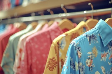 Aufkleber - A clothing rack filled with various shirts hanging from hooks, suitable for fashion or retail use
