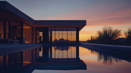Poster - A serene image of a house reflected in a pool at sunset