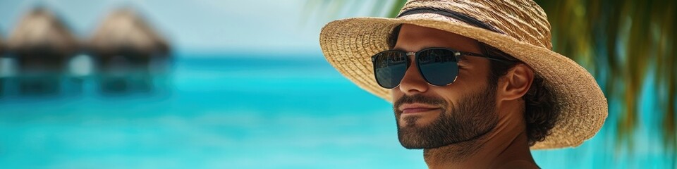 Poster - A man wearing a straw hat and sunglasses, great for casual use such as outdoor activities or summer vibes