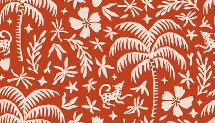 Wall Mural - Tropical seamless pattern with hand drawn palm trees. Hawaiian florals summer background for fabric, textiles, clothing, poster, cover, decoration, banner, wallpaper, interior. Vector illustration.