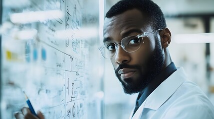 Poster - a man in lab coat writing on a white board