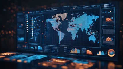 Poster - A high-tech dashboard displays a world map with data visualizations and charts, showcasing global statistics and trends in a futuristic design.